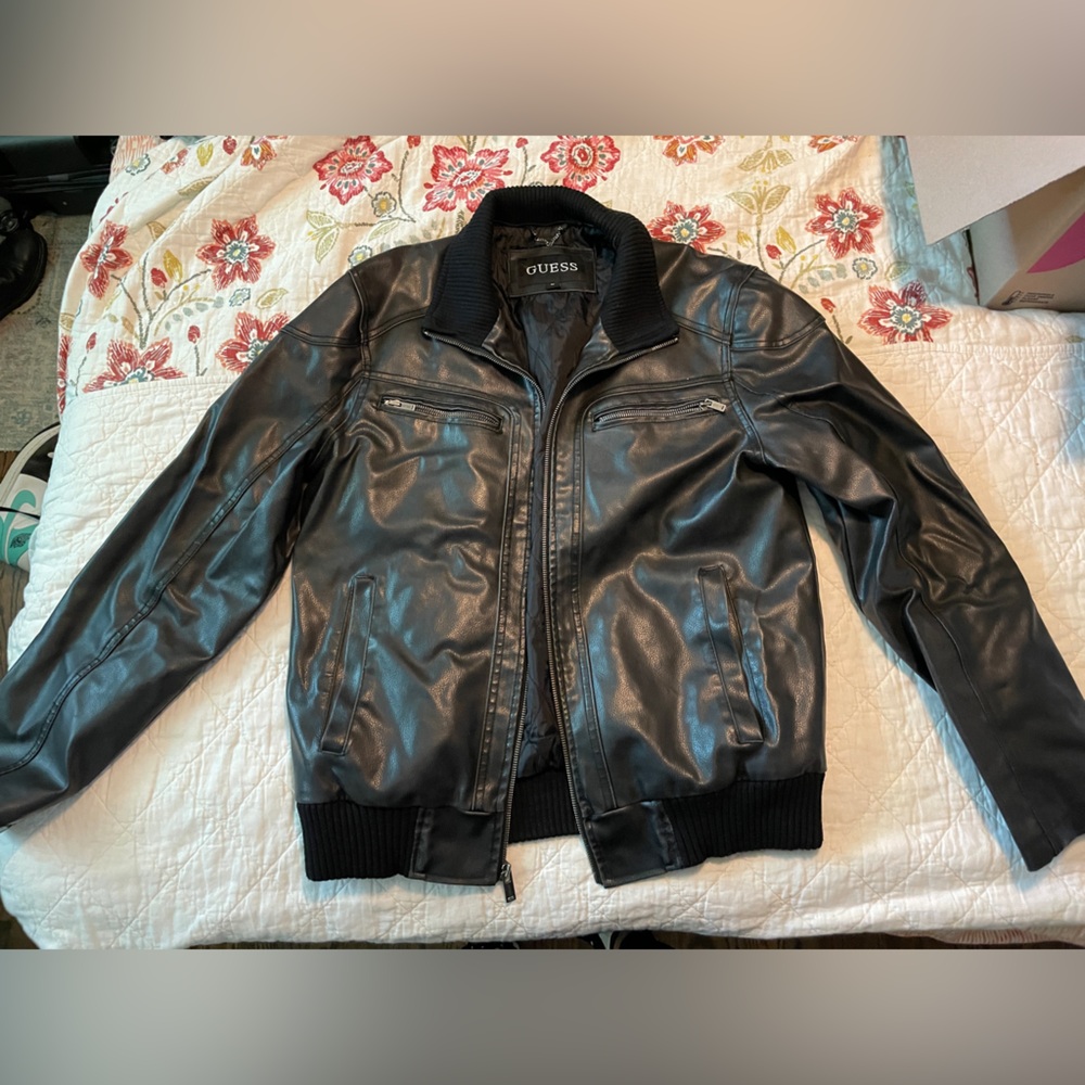 GUESS Men's Black Faux Leather Bomber Jacket